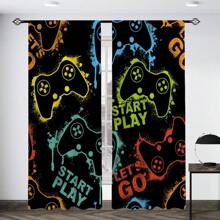 2 pièces Rideaux semi-transparents imprimés de contrôleur de jeu sur fond noir, panneau de polyester avec œillets pour décoration de salle de séjour, salle de jeu, chambre à coucher, fournitures pour fête de cuisine