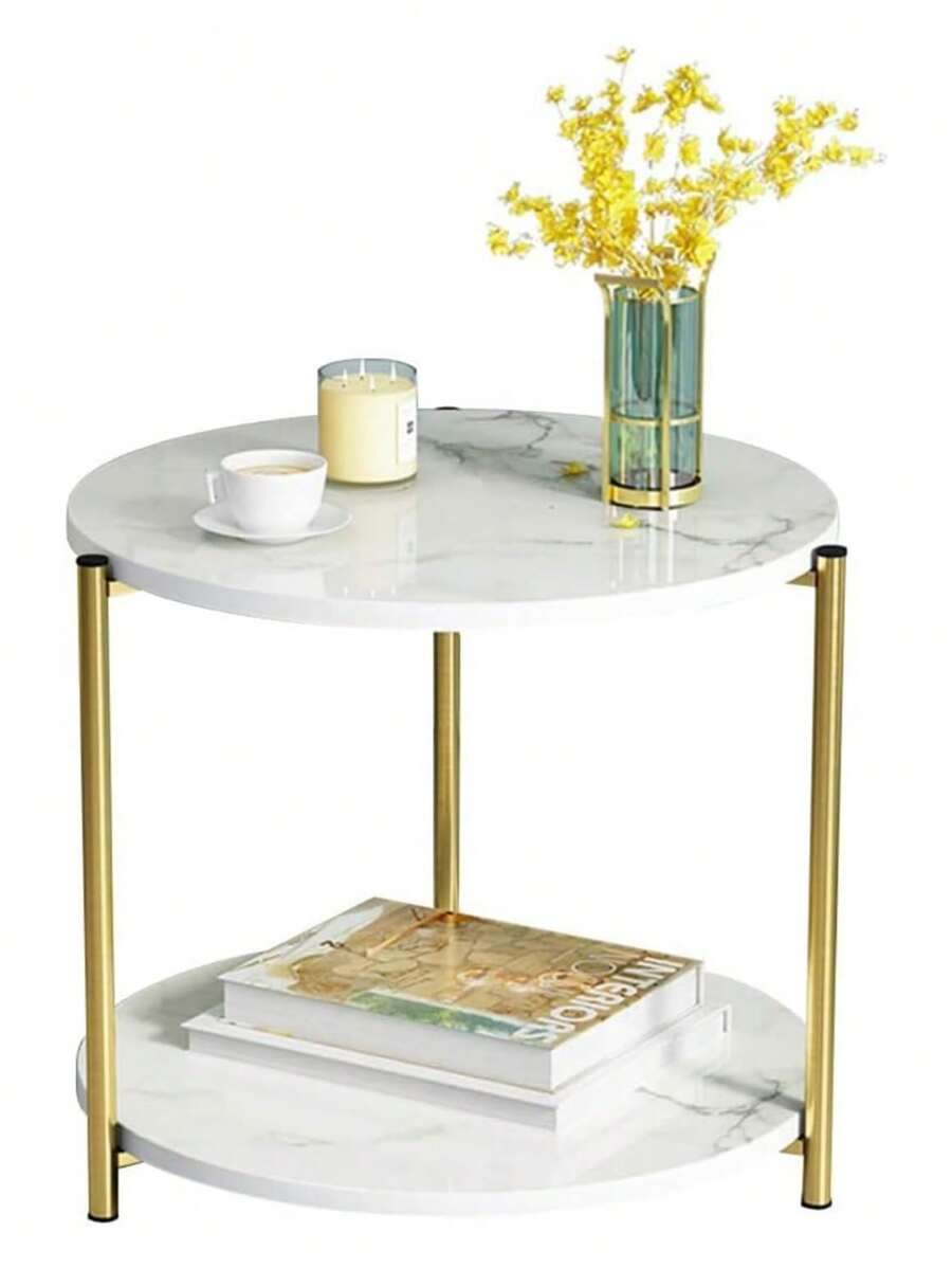 Mesa auxiliar redonda con diseño de mármol, mesa auxiliar moderna y sencilla junto al sofá, soporte de almacenamiento de 2 niveles - Blanco - Ver 1
