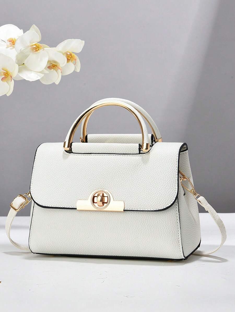 Metal Decor Square Top Handle Bag Contrast Color Flap Shoulder Bag For Women3 - White - View 1