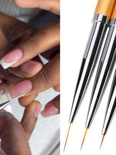 3件套美甲笔套装，包括美甲笔、美甲绘图笔、美甲彩绘笔、美甲花卉绘图笔、美甲彩绘笔、金属柄指甲油笔工具、渐变美甲笔、美甲配件、美甲工具