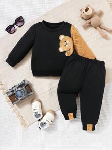 2 Stück Baby Jungen Set mit besticktem Bären, Rundhals Langarm Sweatshirt und Hose, Herbst/Winter