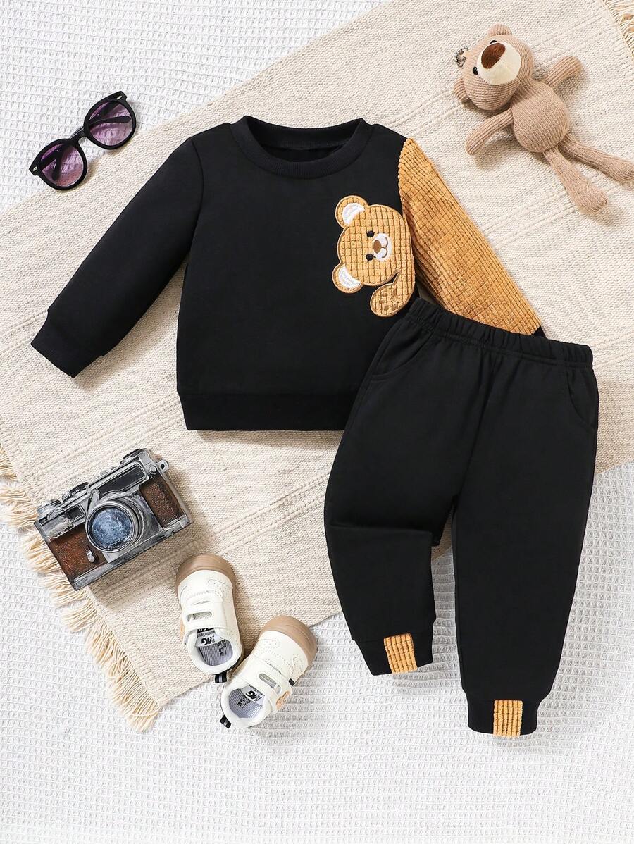 2 Stück Baby Jungen Set mit besticktem Bären, Rundhals Langarm Sweatshirt und Hose, Herbst/Winter