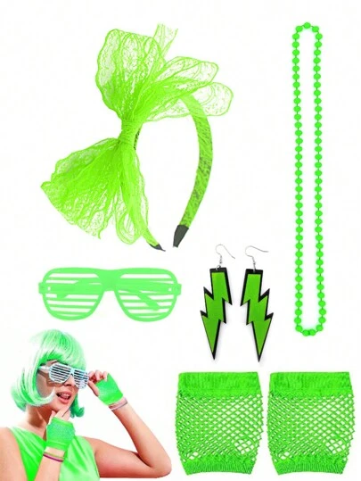 D EXCEED 4/5/13 件 80 年代霓虹复古配饰套装，适合女性，复古服装派对服装包括串珠项链、蕾丝蝴蝶结头带、渔网手套、百叶窗太阳镜、闪电耳环，复古派对必备品，万圣节