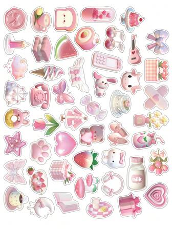 50pcs Korean Ins-Style Cartoon Pink Romantic Girl's Heart Themed Sticker Set With Animals, Hearts, Flowers, Cakes & Other Artistic Patterns For Gift, DIY On Water Bottles, Books, Phone Cases, Guitars, Luggage, Notebooks, Laptops Back To School