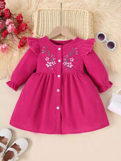 Adorable Fuchsia Corduroy Embroidered Cap Sleeve Long Dress For Baby Girls