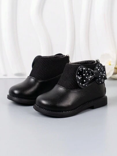 1 Pair Solid Color Girls' Boots With Bow, Anti-Slip Soles, Fashionable And Cute