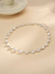 1条925纯银天然珍珠项链，适合母亲节、情人节、婚礼、订婚、新娘、生日礼物 - 白色 - 查看 1