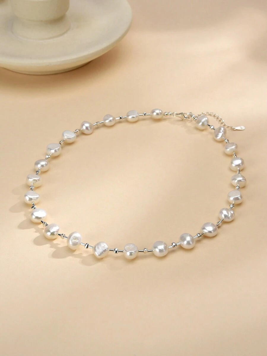 1条925纯银天然珍珠项链，适合母亲节、情人节、婚礼、订婚、新娘、生日礼物 - 白色 - 查看 1