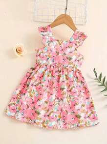少女花印無袖海灘風裙子，夏季 - 粉色 - 查看 2