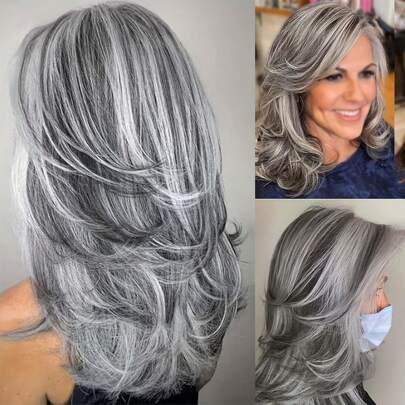 Elegant 20 Inch Grey Ombre Women's Wig - Accentuate Silver, Curly Layered Synthetic Hair With A Rose Mesh Hat That Is Perfect For Everyday Wear And Parties With Women's Hair Accessories And Women's Wigs