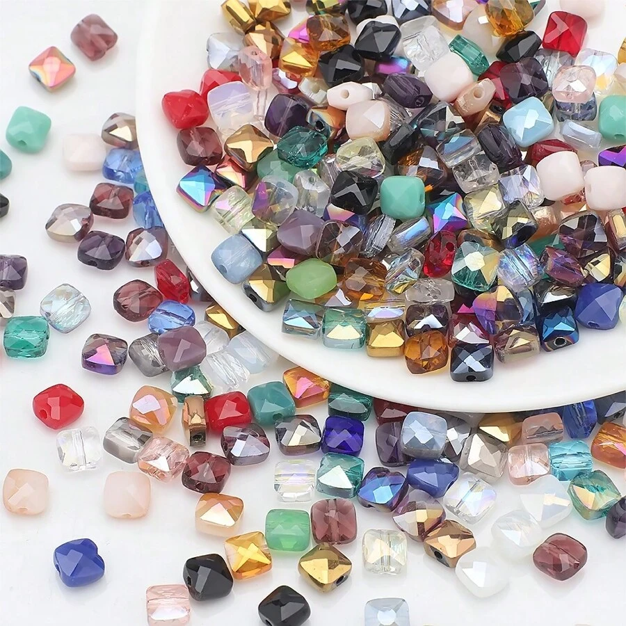 50 hạt thủy tinh 6mm, dạng lưới phẳng, nhiều màu sắc để làm vòng cổ, vòng tay, hoa tai, móc chìa khóa, dây điện thoại và đồ thủ công, làm quà tặng