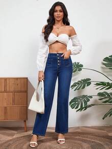 Women Fashion Multi-Button Elastic Waist Jeans, Four Seasons - Medium Wash - View 6