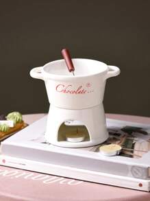 1 Set de Olla de Cerámica para Derretir Chocolate, Calentador de Queso, Olla de Fondue de Chocolate con Tenedor, Decoración de Cocina y Hogar, Apto para Bebidas Frías, Café, Tazas, Bebidas, Exterior, Picnic, Fiesta, Regalo de Cumpleaños