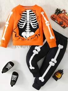 Little Boy Skeleton 2 Pieces Suit, Halloween Casual Wear, Spring And Autumn Young Boy Clothing