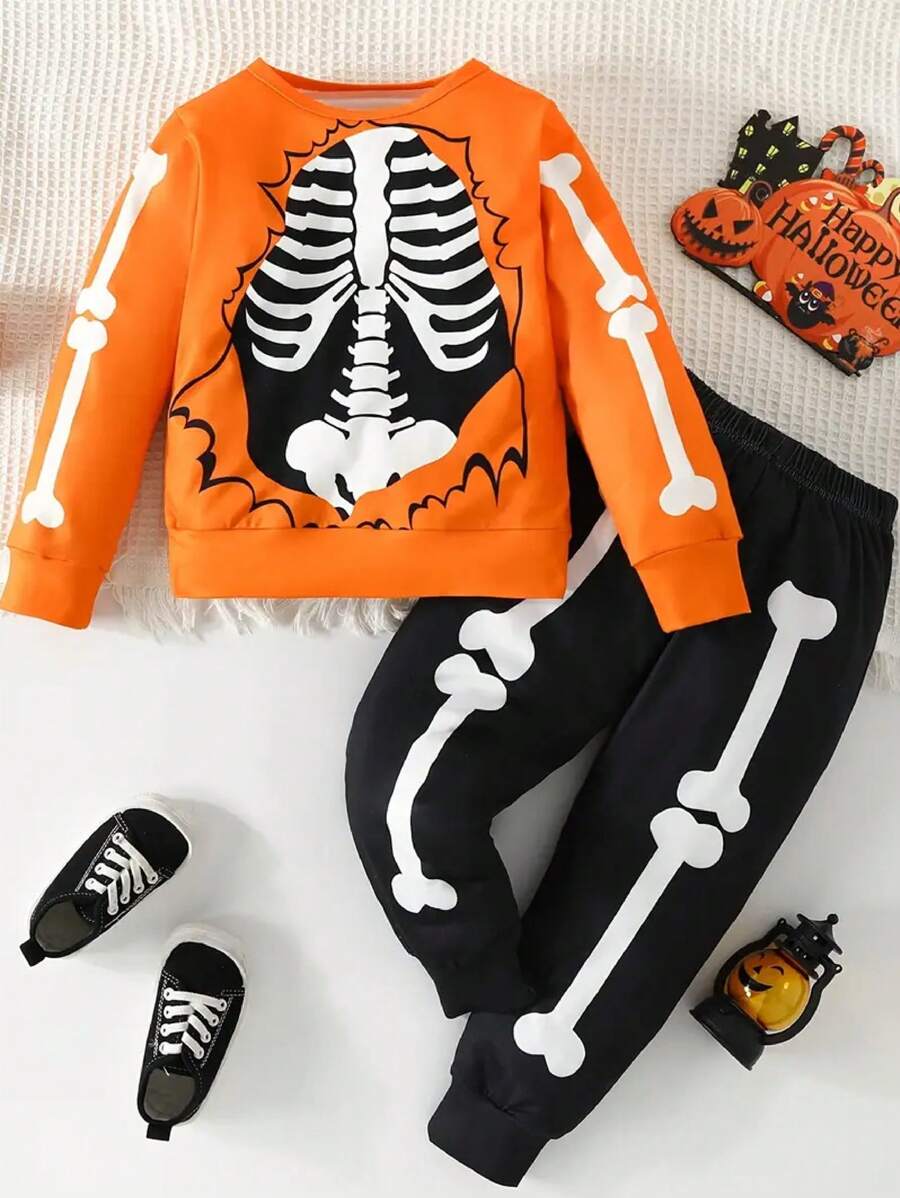 Little Boy Skeleton 2 Pieces Suit, Halloween Casual Wear, Spring And Autumn Young Boy Clothing