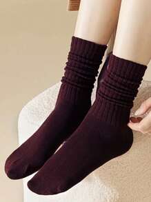 5 Pairs Solid Slouch Socks, Simple & Warm Thick Calf Socks For Fall & Winter, Women's Socks