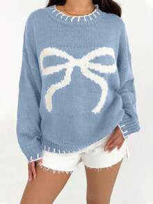 Joy Knit 女式时尚休闲可爱蝴蝶结提花长袖套头衫，春季 - 藍色 - 查看 3