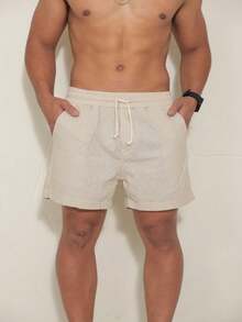 Shorts masculinos de linho com pernas largas e bolsos, confortáveis, para lazer - Bege - Visão 3