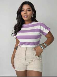 Women's Short Sleeve Striped Round Neck Blouse - Lilac Purple - View 1