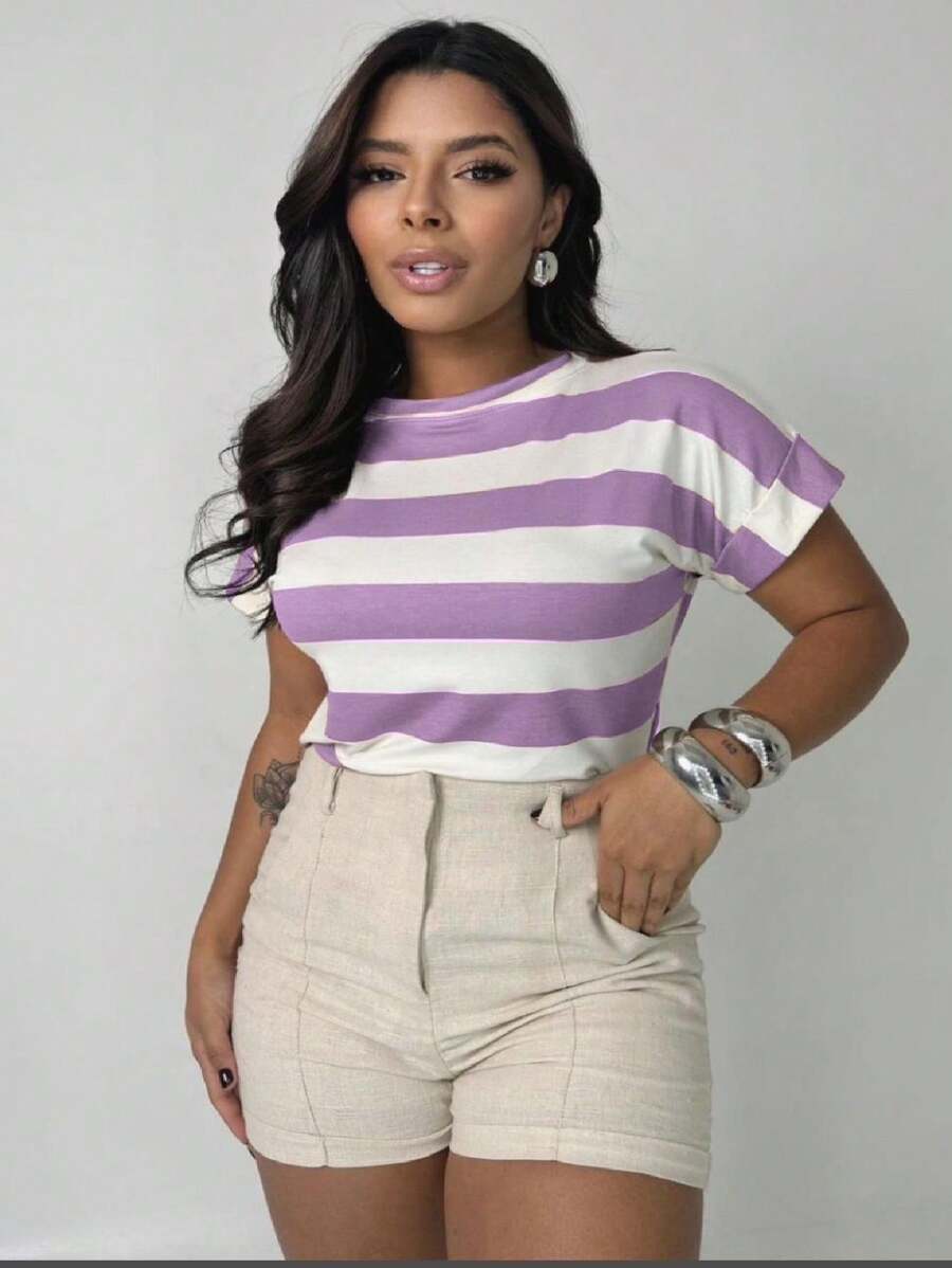 Women's Short Sleeve Striped Round Neck Blouse - Lilac Purple - View 1
