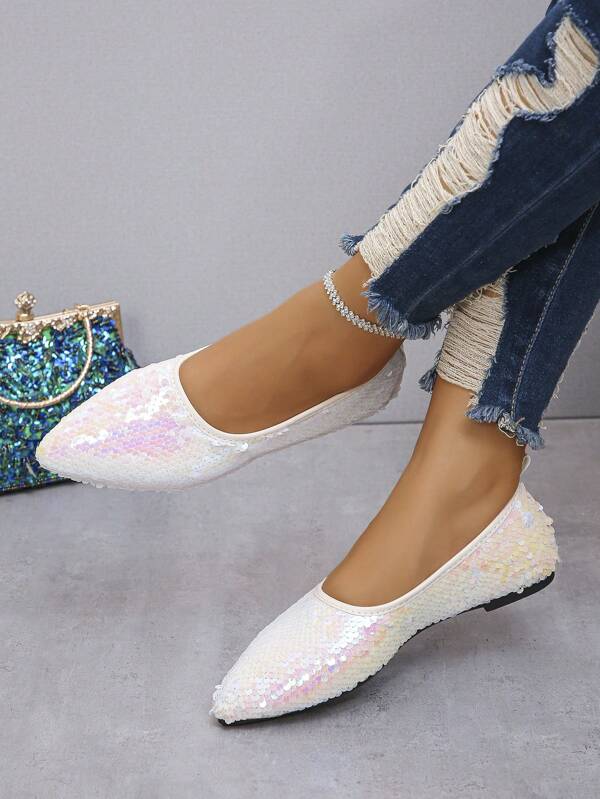 Women's Fashion Pointed Toe Sequin Flat Slip-On Loafers, Low Top Sparkly Flats, Elegant Style New Autumn Shoes For Daily Wear And Party, Random White And Pink Pattern Design