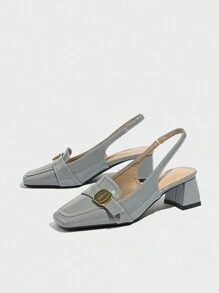 复古法式风格纯色优雅通勤粗跟金属扣高跟凉鞋，女士新款夏季约会居家服，优雅女式高跟鞋 - 灰色 - 查看 7