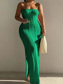 Solid Color Fashionable Bodycon Sexy Hollow-Out Elegant Tie-Up Slit Dress - Green - View 1