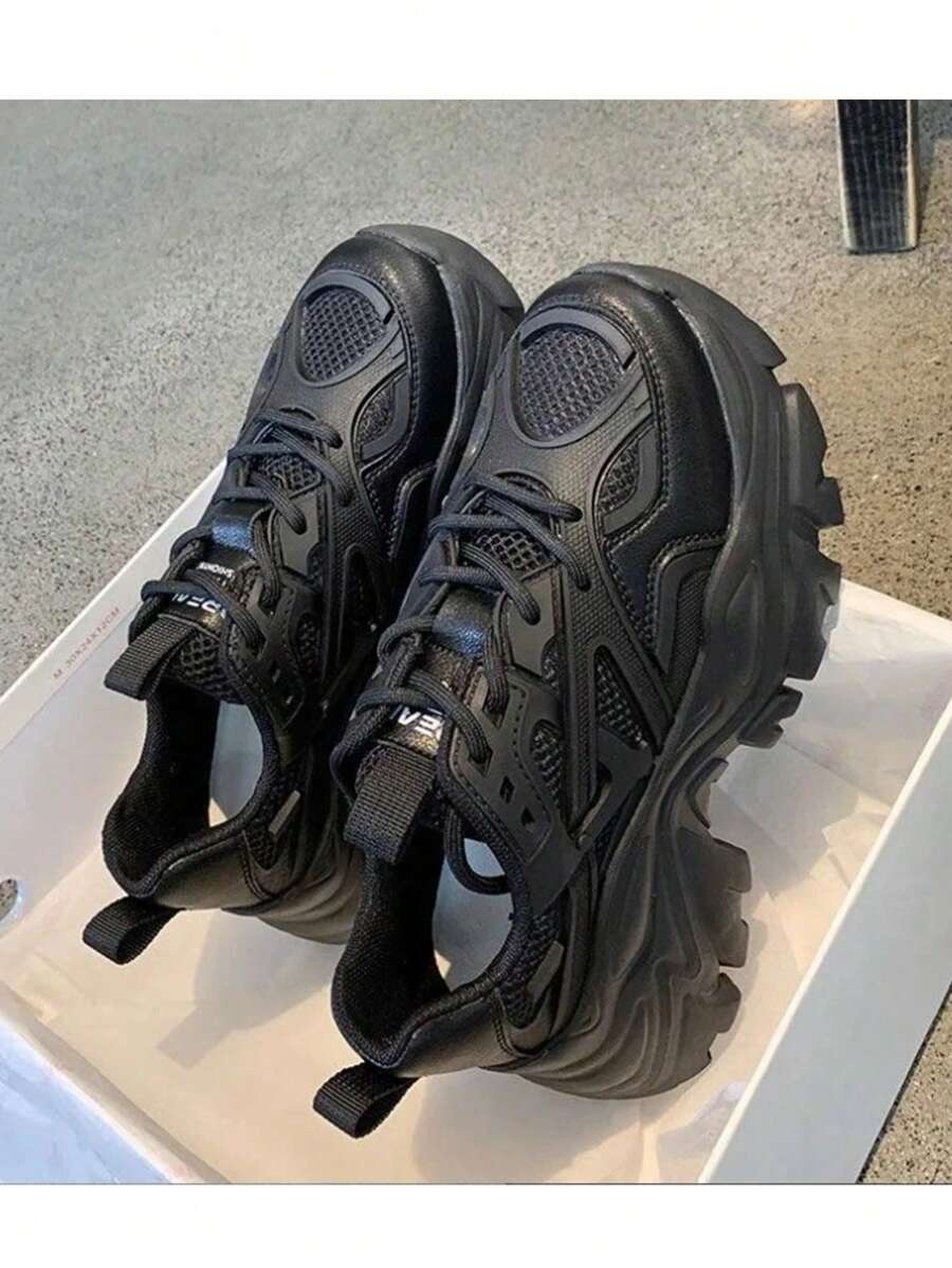 Tenis Chunky De Plataforma Para Mujer, Sneakers Urbanos Versátiles Con Agujetas, Calzado Deportivo Cómodo Y Transpirable Con Aumento De Altura - Negro - Ver 1