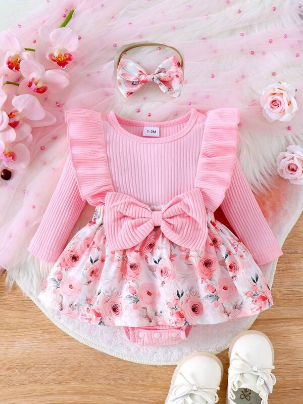 Pelele de manga larga con volantes y estampado floral con diadema para bebé niña