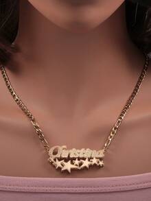 定制 1 件英文名字双条花卉五角星边框项链，母亲节、父亲节、情人节、生日、周年纪念日、毕业典礼、万圣节、圣诞节、家庭的个性化礼物 - 款式1 - 查看 5