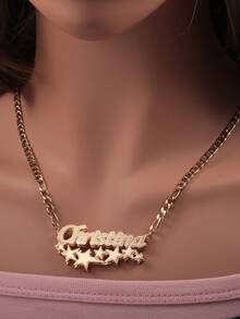 定制 1 件英文名字双条花卉五角星边框项链，母亲节、父亲节、情人节、生日、周年纪念日、毕业典礼、万圣节、圣诞节、家庭的个性化礼物 - 款式1 - 查看 7