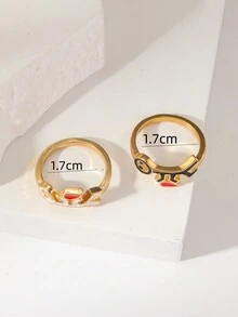 2 piezas Juego de joyas para mujer: Personaje de dibujos animados y anillos con forma de corazón de metal dorado, adecuado para parejas, mejores amigas, madre-hija, amor, anillos con cara sonriente bonita, regalo para amiga, cumpleaños de mamá, recuerdo de amistad - Conjunto de anillos con figuras de amor - Ver 6