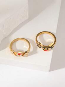 2 piezas Juego de joyas para mujer: Personaje de dibujos animados y anillos con forma de corazón de metal dorado, adecuado para parejas, mejores amigas, madre-hija, amor, anillos con cara sonriente bonita, regalo para amiga, cumpleaños de mamá, recuerdo de amistad - Conjunto de anillos con figuras de amor - Ver 5