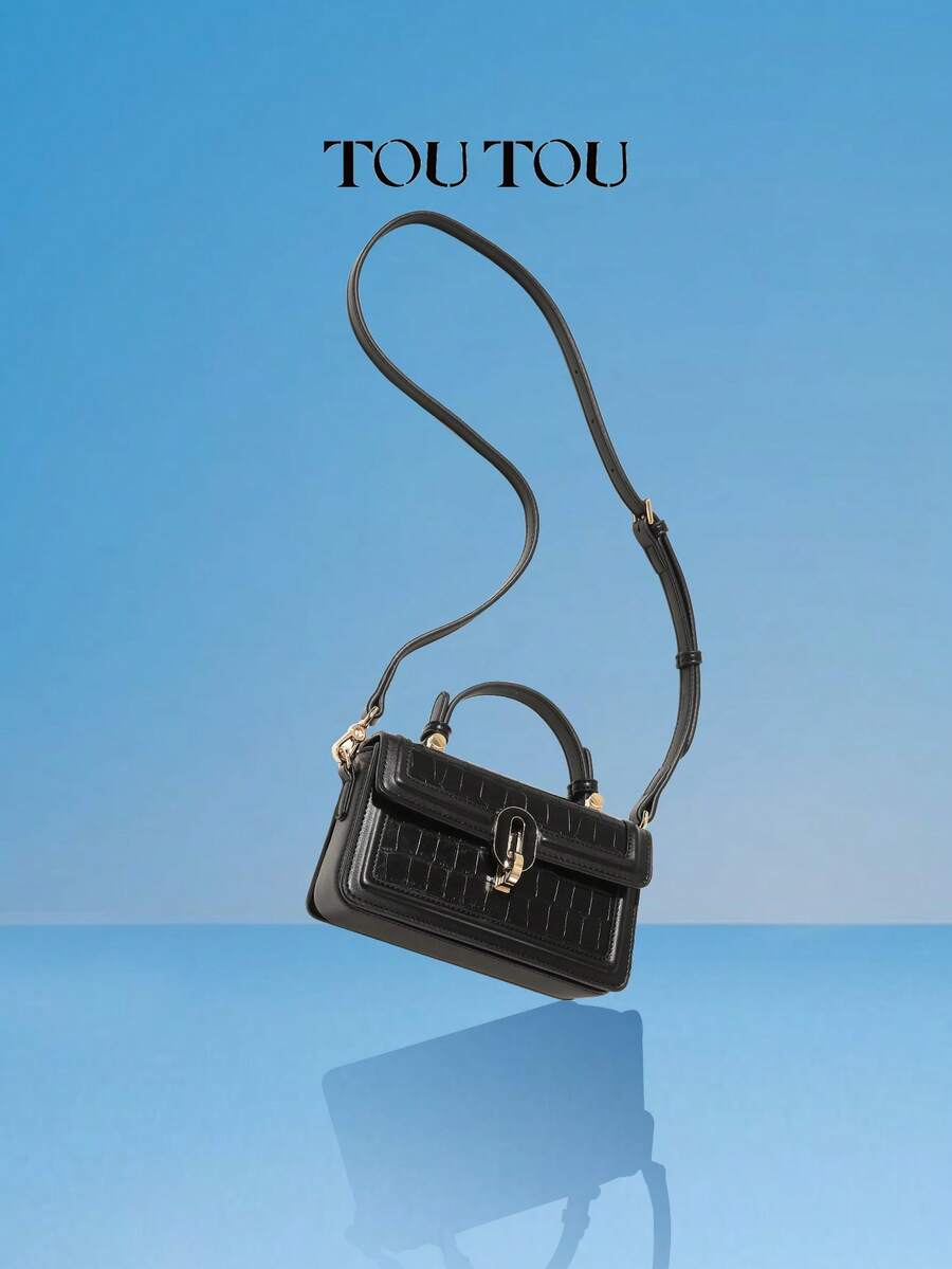 TOUTOU Túi xách tay họa tiết cá sấu thanh lịch, nhẹ, đơn giản, công sở, nhỏ gọn, sang trọng, túi vuông, ví da sợi nhỏ thời trang màu đen, túi tote quai xách, túi đeo vai màu trơn cổ điển tối giản, túi đeo chéo có nắp khóa xoay, dây đeo có thể điều chỉnh