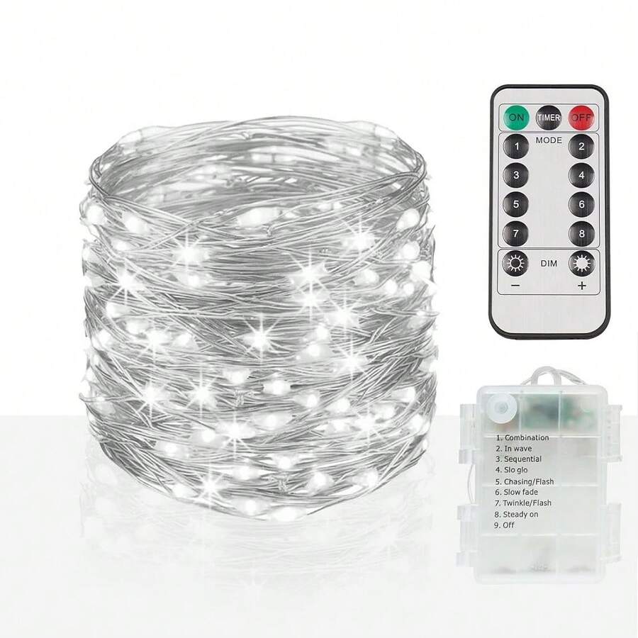 Fio de Luz de Fada com Controle Remoto e Timer, 33ft 100 LED/66ft 200 LED, Luz de Corda Interna e Externa com Plugue, 8 Modos de Luz Intermitente, Adequado para Quartos e Casamentos (Branco Frio) - Multicolorido - Visão 1