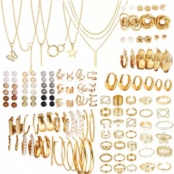 35pcs/86pcs/61pcs/64pcs Simple Metal Geometric Faux Pearl Butterfly, Heart Shaped Necklace, Earring, Ring Jewelry Set For Women, Gift For Vacation, Daily Wear
