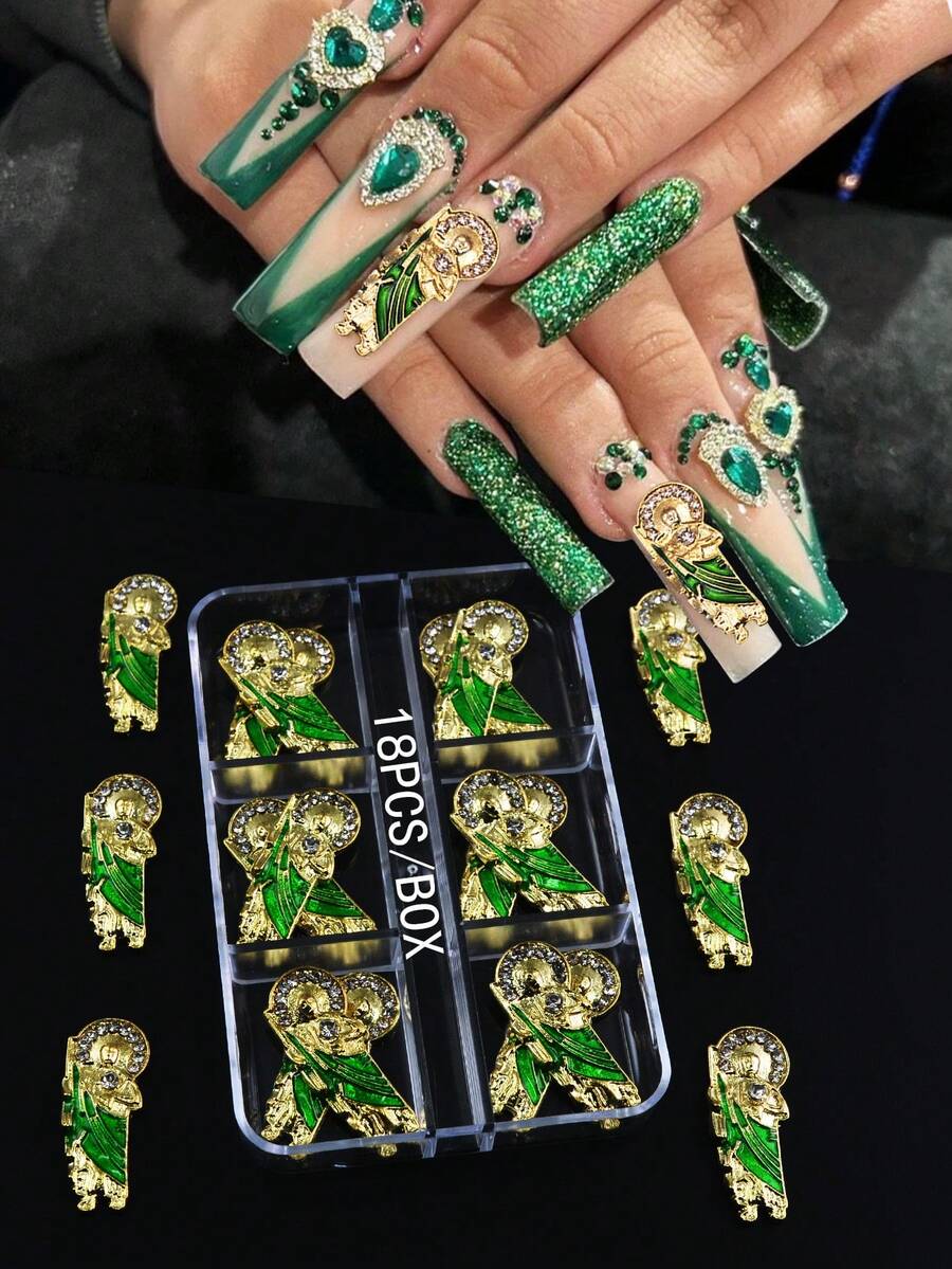5PCS/6槽，18PCS/7槽，21PCS/7槽，28PCS/7槽金色底座3D立体绿衣耶稣图案混合美甲装饰，DIY立体美甲用品 - 彩色 - 查看 1