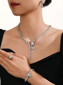 4 pièces Ensemble de collier, boucles d'oreilles, bague et bracelet de luxe avec motif léopard/tigre, pierres de zircone cubique blanche, forme de feuille. Ensemble de bijoux pour femme pour fête et mariage, cadeau pour la Saint-Valentin