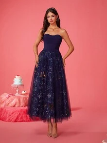 高端露肩网眼撞色宝石蓝舞会礼服，正式晚会舞会礼服，适合婚礼嘉宾、毕业典礼、晚宴 - 寶藍色 - 查看 5