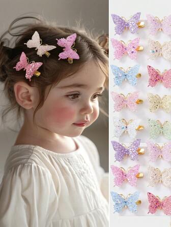 15 pièces/set Pinces à cheveux princesse mignonnes avec ailes de papillon à double couche en maille dégradé coloré pour tout-petites filles, pour usage quotidien