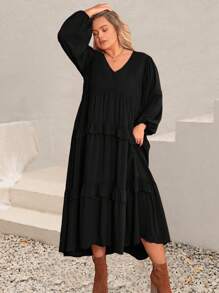 Plus Size Women Solid Color V-Neck Lantern Sleeve Ruffle Hem Casual Dress Black Spring Elegant - Black - View 8