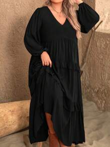 Plus Size Women Solid Color V-Neck Lantern Sleeve Ruffle Hem Casual Dress Black Spring Elegant - Black - View 4