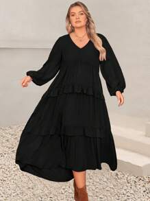 Plus Size Women Solid Color V-Neck Lantern Sleeve Ruffle Hem Casual Dress Black Spring Elegant - Black - View 7