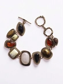 1 pieza Nuevo brazalete bohemio vintage ZA para mujer, de moda, de metal dorado hueco, con enlace de  de resina, brazalete declaración (color de resina aleatorio)