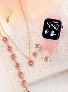 1 Stück modische quadratische Zifferblatt Digitaluhr mit PVC Armband und 5 Stücke Schmuckset mit Strass