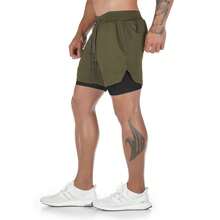 2 In 1 Double Shorts For Running With Internal Pocket Protection - 軍綠色 - 查看 2