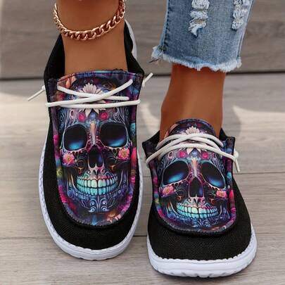 Women's Skull Canvas Sneakers - Slip-On, Lightweight Comfort - Soft Sole For Easy Walking - Round Toe, Ideal For Halloween