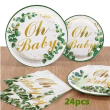24pcs Oh Baby Paper Plates Napkins Supplies Set, Sage Greenery Baby Shower Party Supplies, Cake Dessert Plates, Eucalyptus Disposable Tableware Decorations Party Platters, Dish Tray For Boys Girls Birthday, 24 Guests, Christmas Party Christmas Decor Christmas Decorations Christmas Gifts And Decor Decorations S