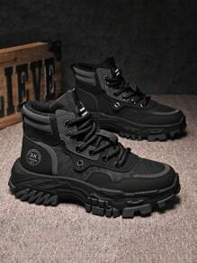 Men's High-Top PU Leather Casual Luxury Fashion Sneakers With Laces, Street-Style Flat Shoes For Autumn - Black - View 1