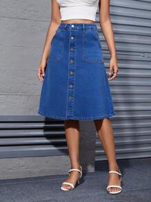 Elegant Women's Mid-Length Denim Skirt, Suitable For All Seasons - Dark Wash - View 4